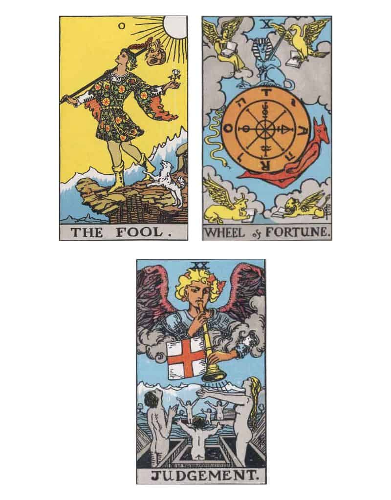the fool tarot, wheel of fortune tarot, and judgement tarot