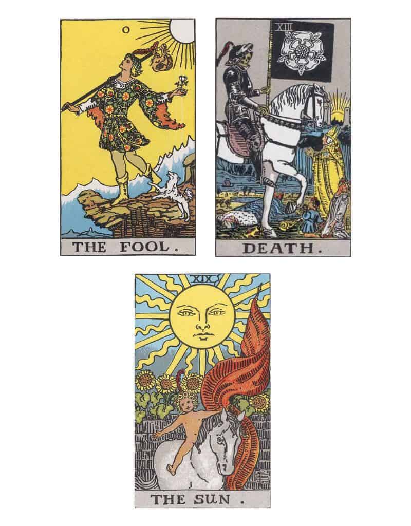 the fool tarot, death tarot, the sun tarot